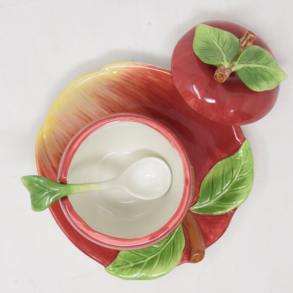 VTG Apple Shaped Jam Jar Lid Plate Spoon Cottagecore Farmhouse Granny Condiment - Picture 7 of 15